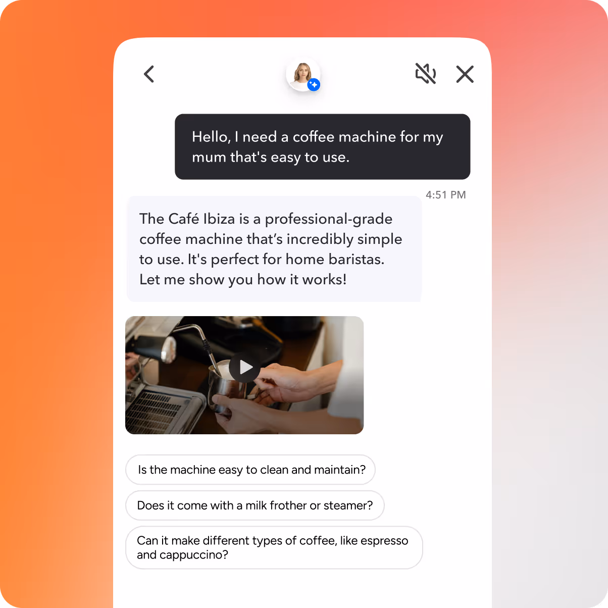 Chat conversation about a coffee machine, featuring a user requesting an easy-to-use coffee machine and a response recommending the Café Ibiza, with a video thumbnail showing a person frothing milk.