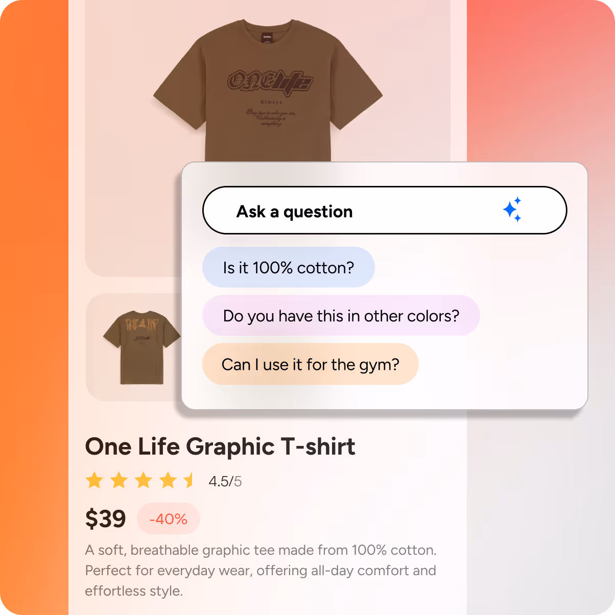 Product page for One Life Graphic T-shirt priced at $39 with 4.5-star rating and 40% discount, featuring Q&A about cotton content, color options, and gym use.
