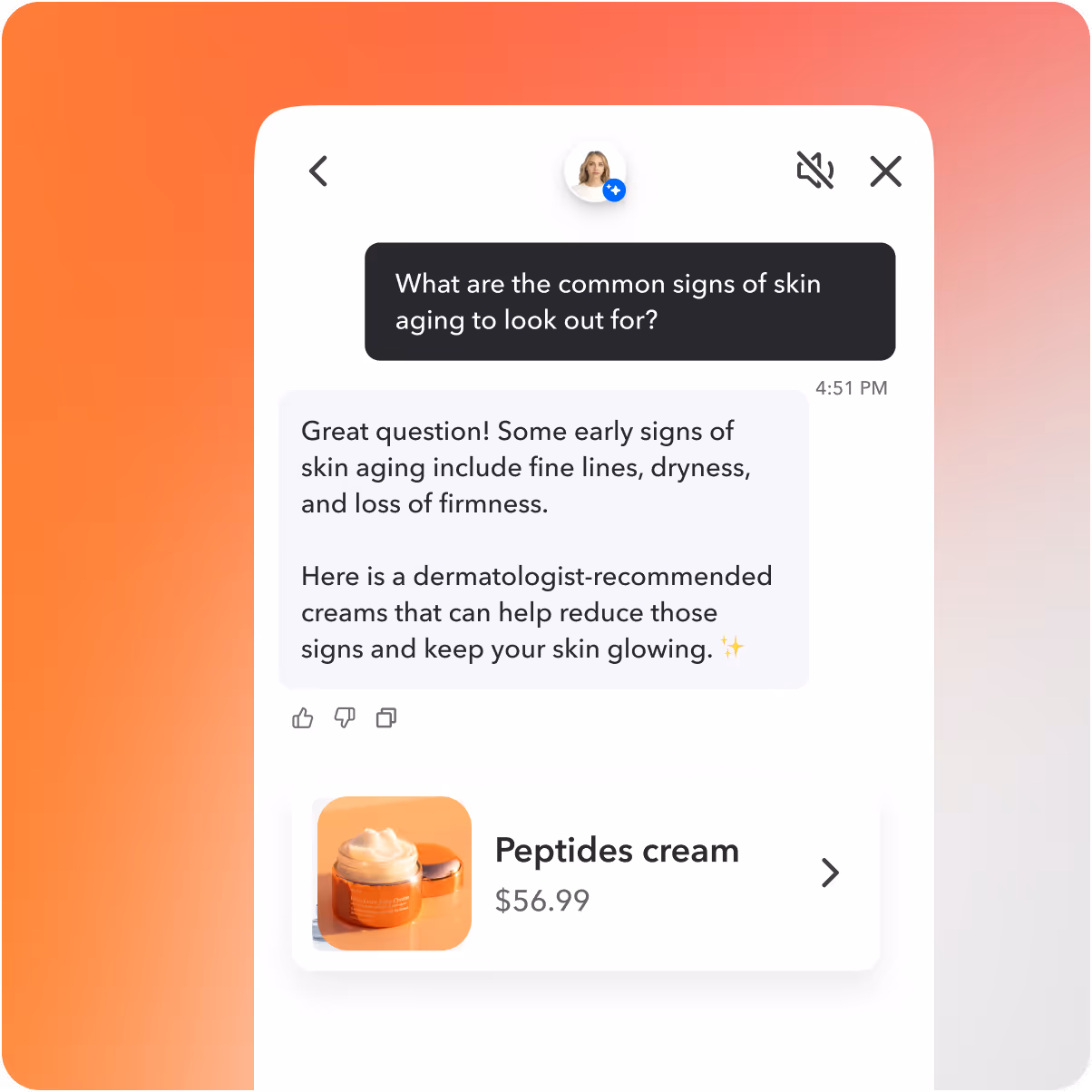 Chat interface showing a question about common signs of skin aging and a response listing fine lines, dryness, and loss of firmness, with a recommendation for peptides cream priced at $56.99.