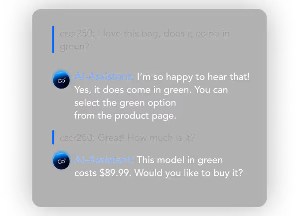 Chat interface showing a user asking about a green bag and the AI assistant confirming availability and price of $89.99.