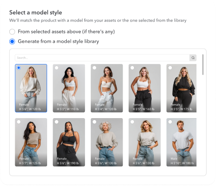 User interface for selecting a model style showing 10 models with height, weight, and gender details, with the option to generate from a model style library selected.