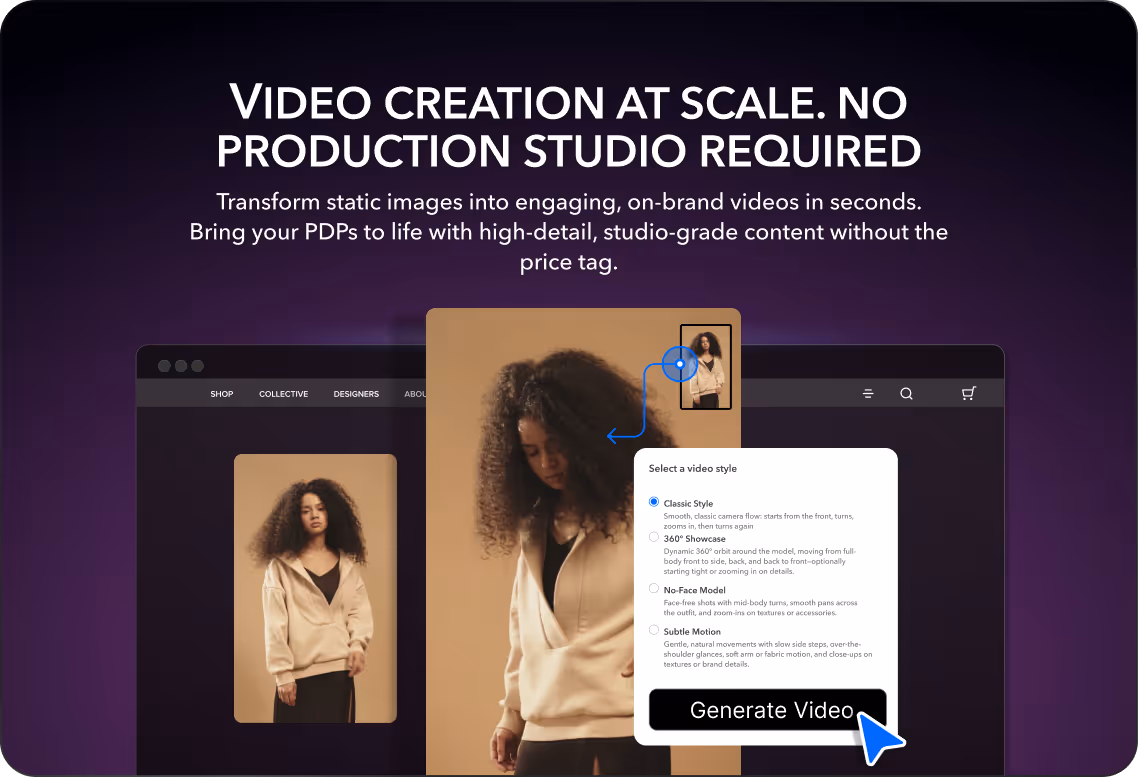 User interface showcasing video creation options for a model photo, including classic style, 360° showcase, no-face model, and subtle motion, with a highlighted Generate Video button.