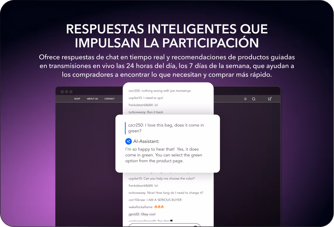 Captura de pantalla de una interfaz de chat de IA conversacional en la que un usuario pregunta si una bolsa viene en verde y el asistente de IA confirma que sí y lo guía para seleccionar la opción verde en la página del producto.