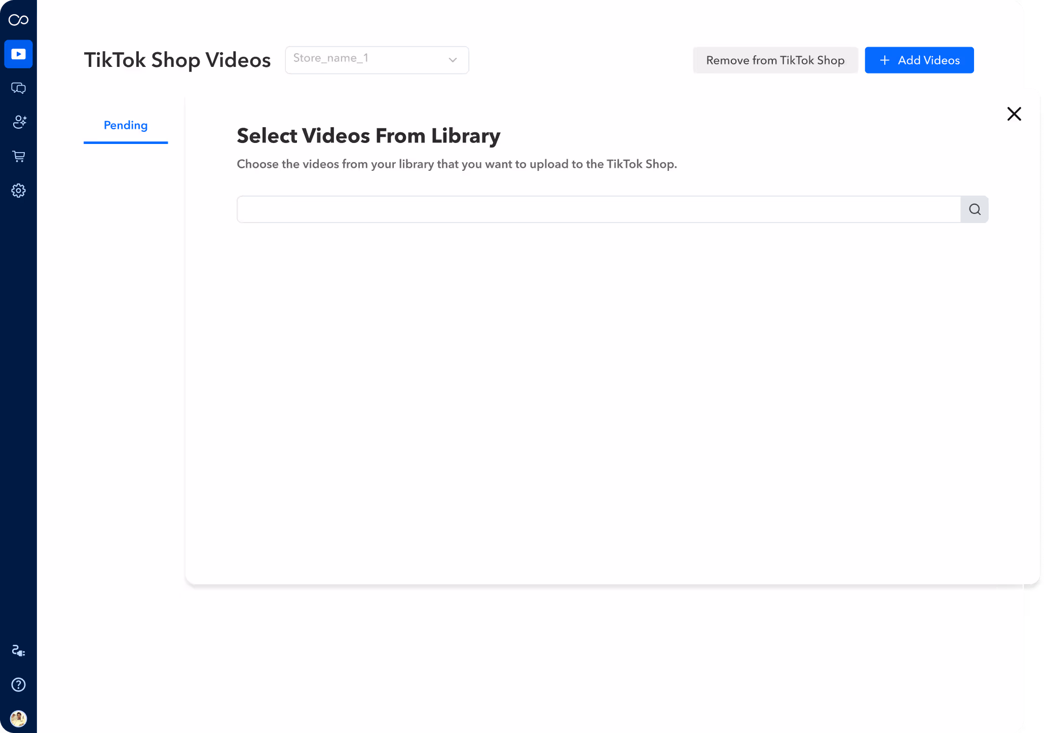 User interface screen for selecting videos from a library to upload to TikTok Shop, featuring a search bar and buttons to add or remove videos.