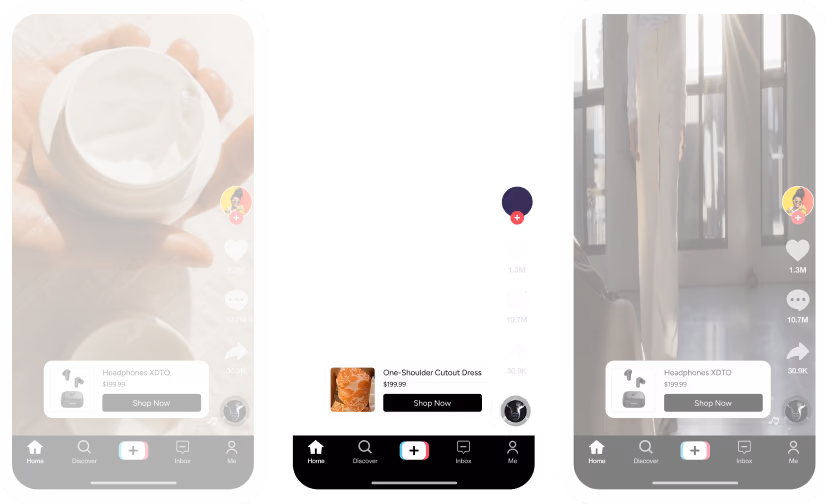 Three vertical TikTok app screens showing a hand holding cream jar with headphones ad, a person in a one-shoulder cutout dress with dress ad, and a person standing in light pants with headphones ad.