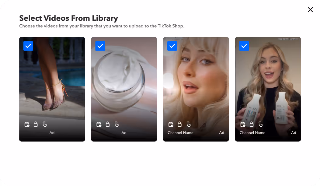 User interface showing four selected video thumbnails from a library, featuring a woman's legs with high heels, a jar of cream, a close-up of a blonde woman, and a woman holding two bottles of skincare products.