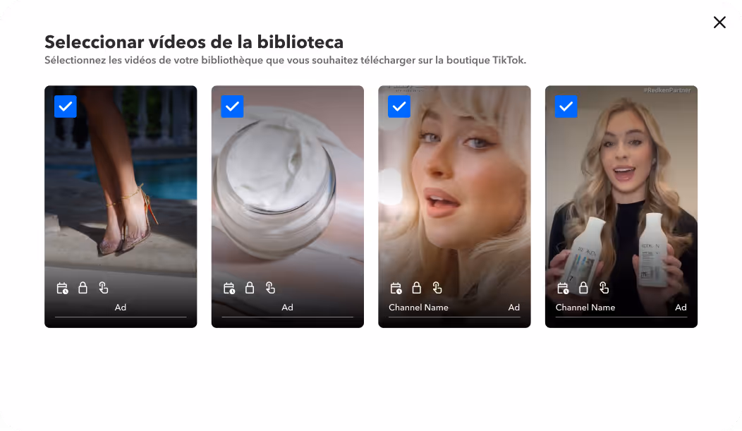 Interfaz de usuario que muestra cuatro miniaturas de vídeo seleccionadas de una biblioteca, con las piernas de una mujer con tacones altos, un tarro de crema, un primer plano de una mujer rubia y una mujer que sostiene dos botellas de productos para el cuidado de la piel.
