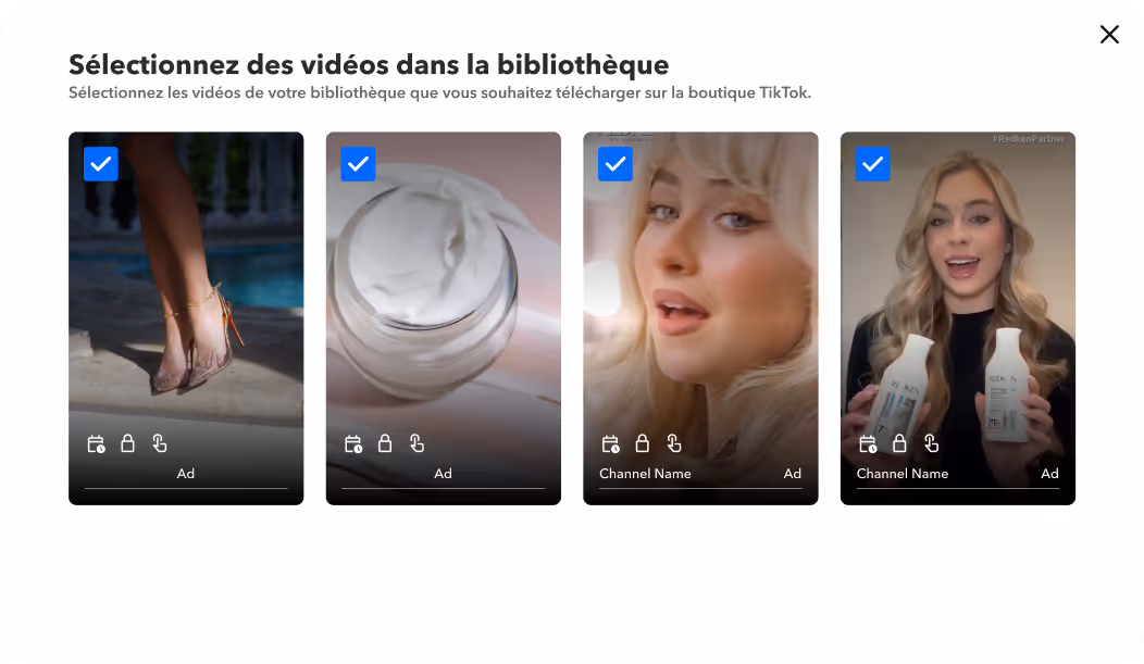 Interface utilisateur présentant quatre vignettes vidéo sélectionnées dans une bibliothèque, représentant les jambes d'une femme avec des talons hauts, un pot de crème, un gros plan d'une femme blonde et une femme tenant deux flacons de produits de soin de la peau.