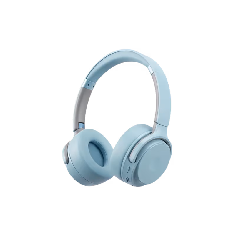 Light blue over-ear wireless headphones with cushioned ear pads.