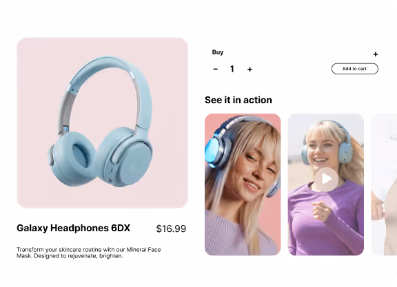Light blue Galaxy Headphones 6DX displayed with purchase options and images of a woman wearing the headphones in different settings.