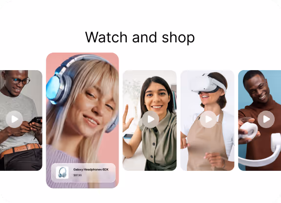 Banner showing five people with products; center image highlights a woman with headphones labeled Galaxy Headphones 6DX priced at $27.99 with the text 'Watch and shop' above.