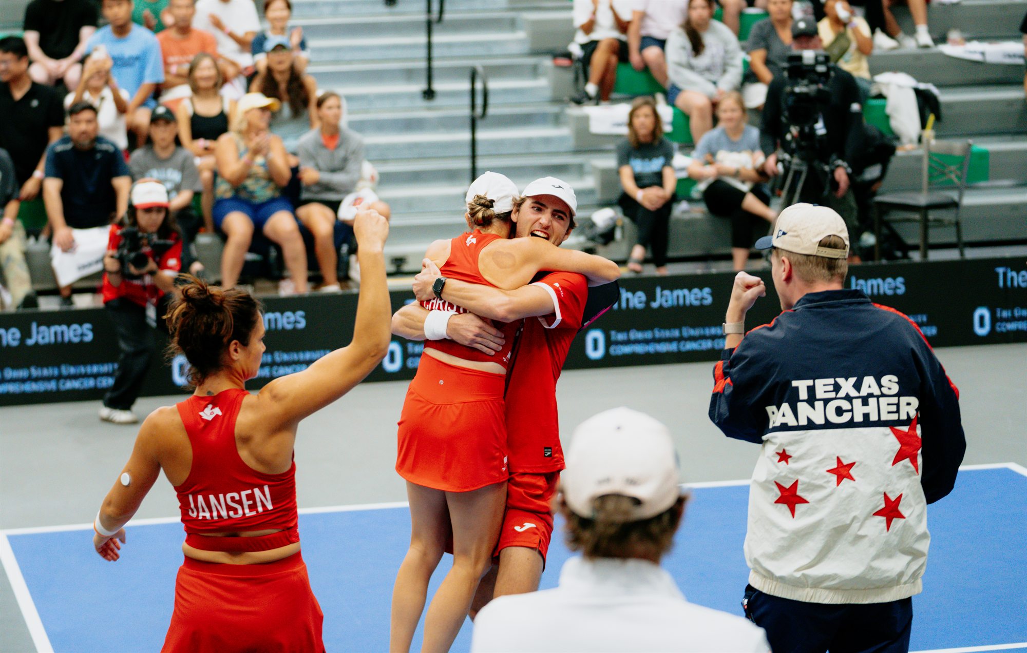 Texas Ranchers players embrace on court after sweeping the Atlanta Bouncers at the MLP Dallas Playoffs.