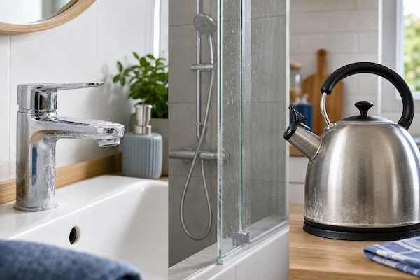 Traces de calcaire sur un robinet, une paroi de douche et une bouilloire