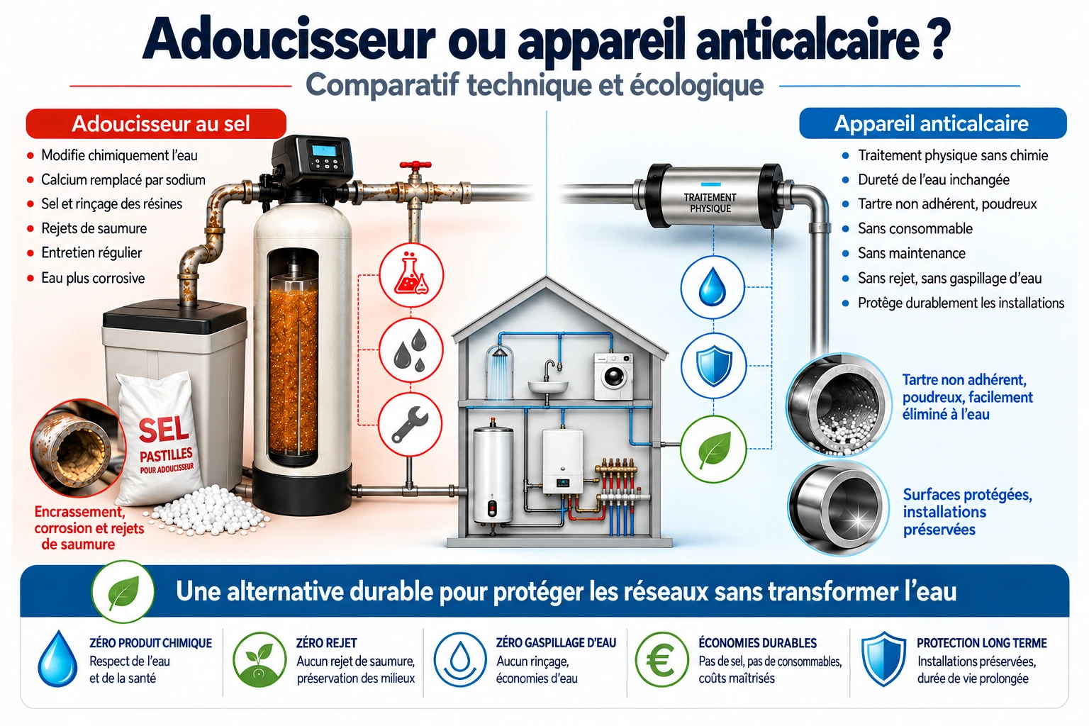 Comparatif adoucisseur au sel et appareil anticalcaire