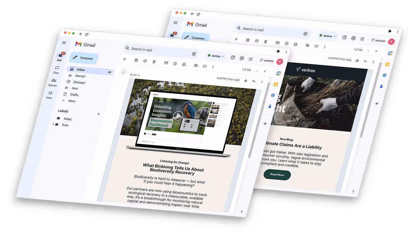 Two Gmail windows showing newsletters about biodiversity recovery and climate claims liability.