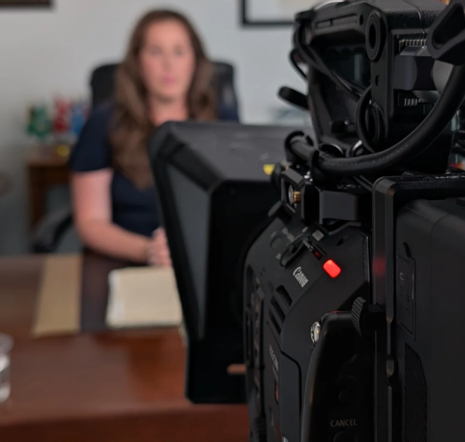 Professional video camera focused on recording a woman sitting at a desk with a book.