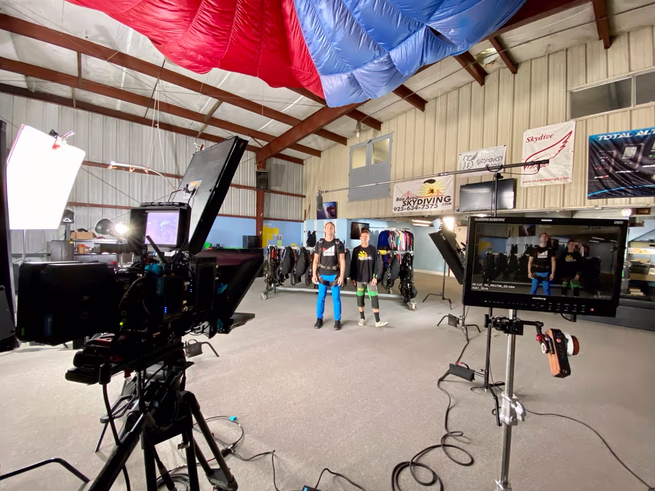 Filming a corporate video in an airplane hanger in the Bay Area.