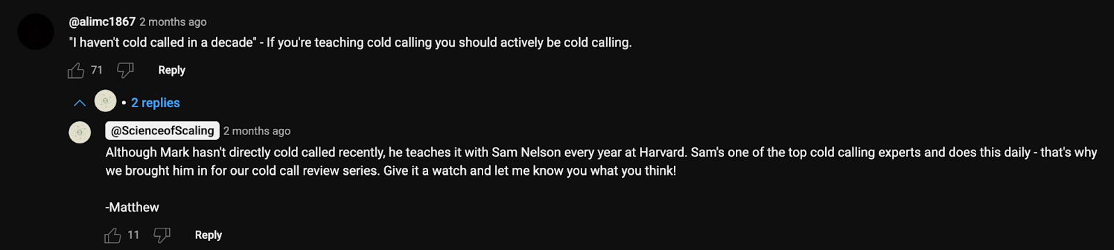 Example of a brand responding to YouTube comments to boost engagement and audience trust.