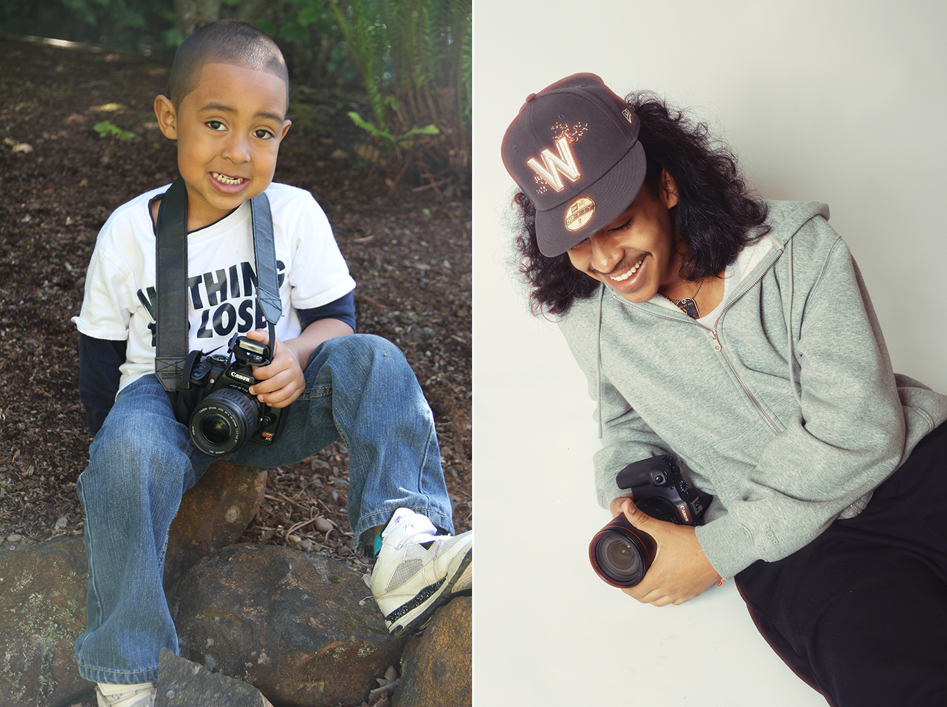 Mason at age three and Mason today; always with a camera in hand.