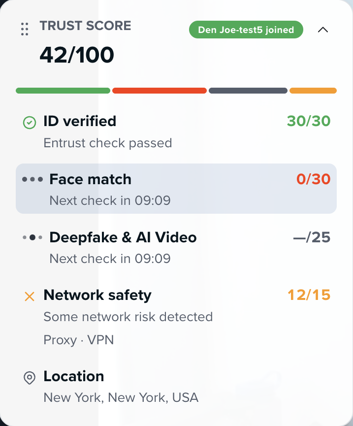 Trust score 42 of 100, failed face match, proxy and VPN