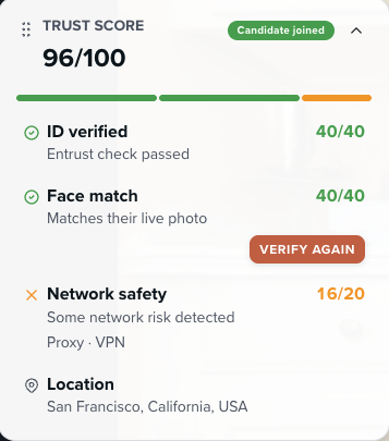 Trust score 96 of 100, verified candidate in San Francisco