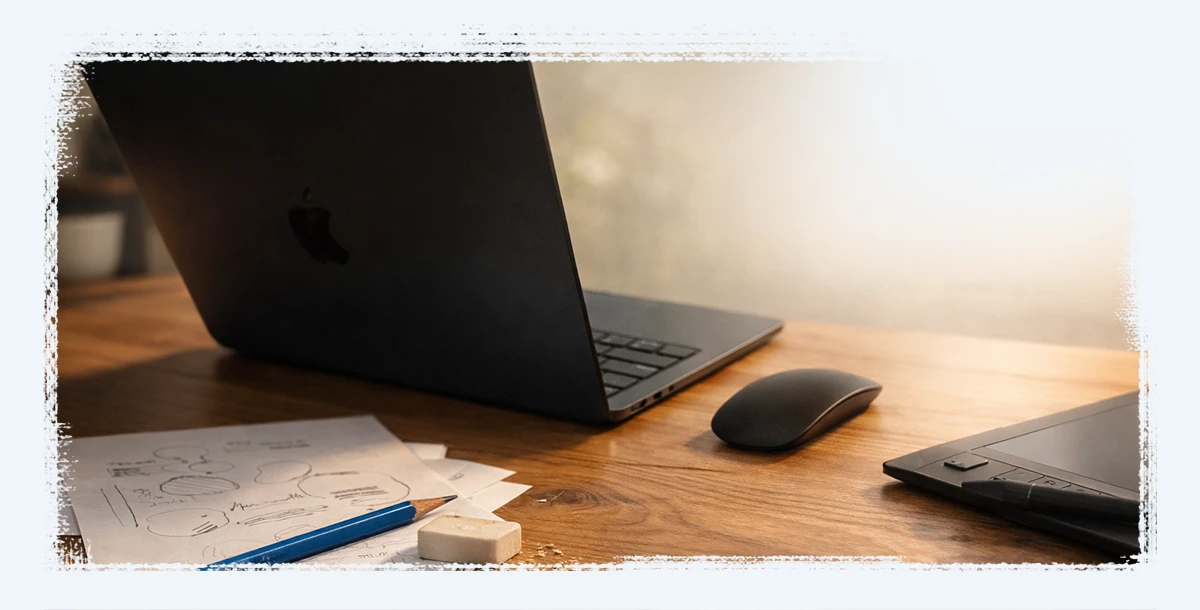 Workspace with an open black laptop, wireless mouse, digital drawing tablet, pencil, eraser, and sketches on paper on a live-edge wooden desk.