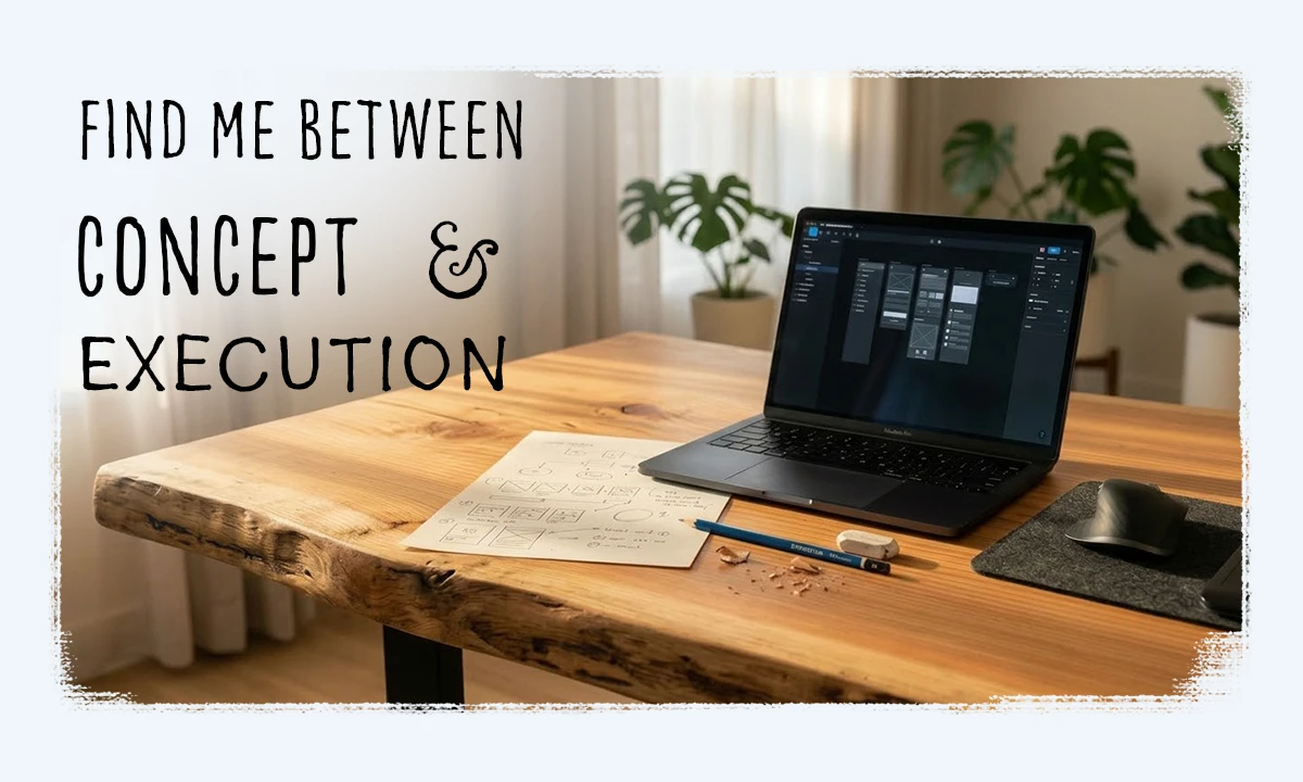 Wooden desk with a laptop displaying wireframes, a pencil, eraser, pencil shavings, and a paper with sketches, with text saying 'Find me between Concept & Execution'.
