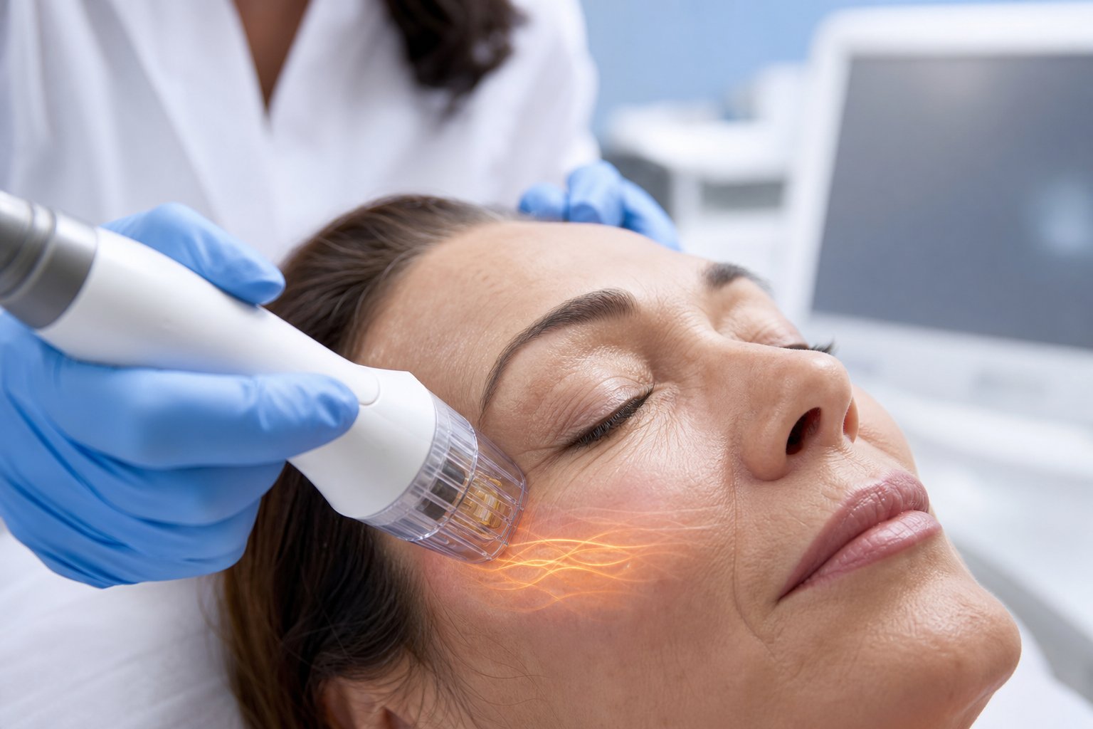 A clinician uses a radiofrequency microneedling device on a patient’s cheek in a dermatology treatment room.