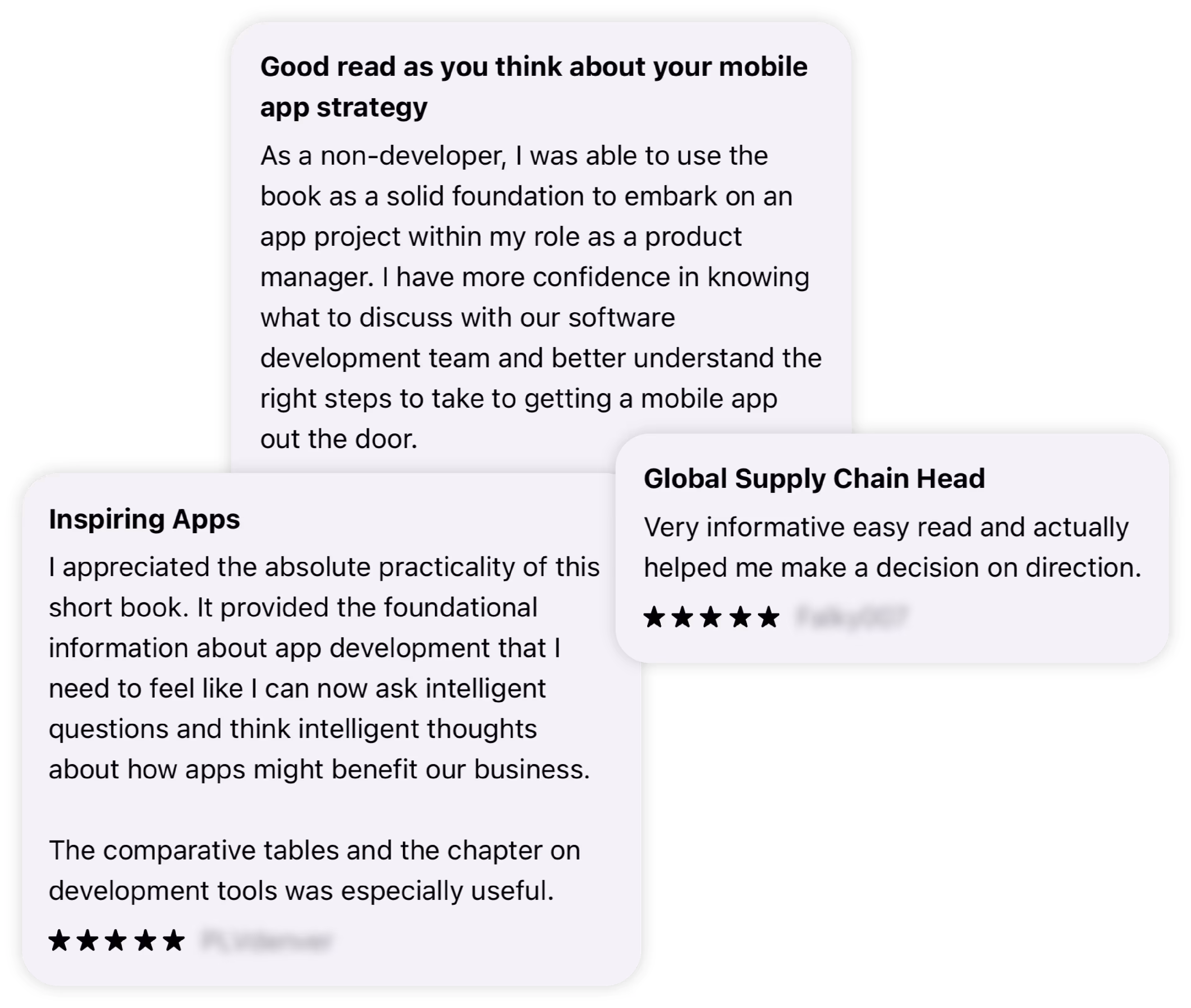 Three overlapping 5 star reviews from the App Store