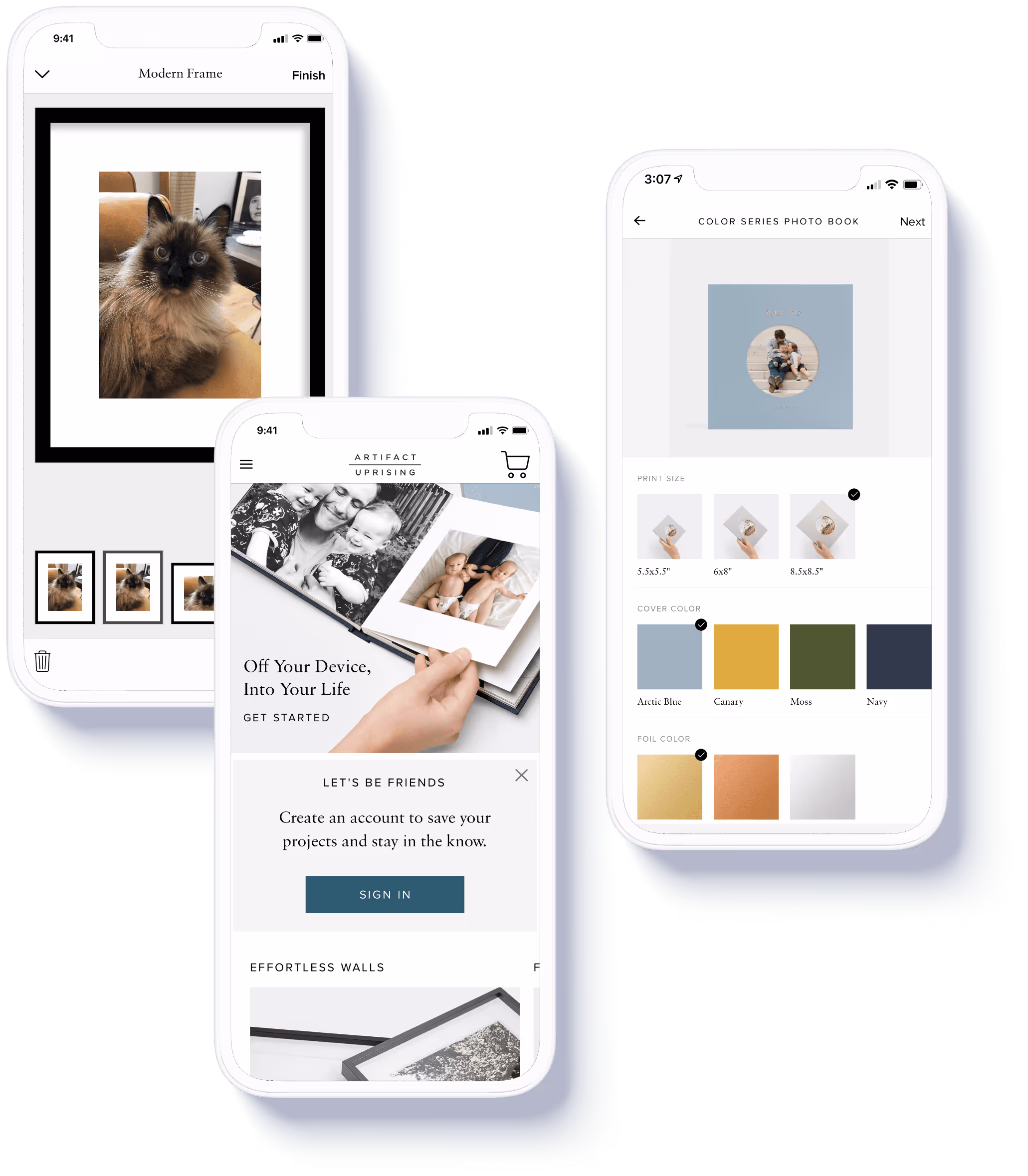 Three overlapping phone frames with Artifact Uprising designs inside