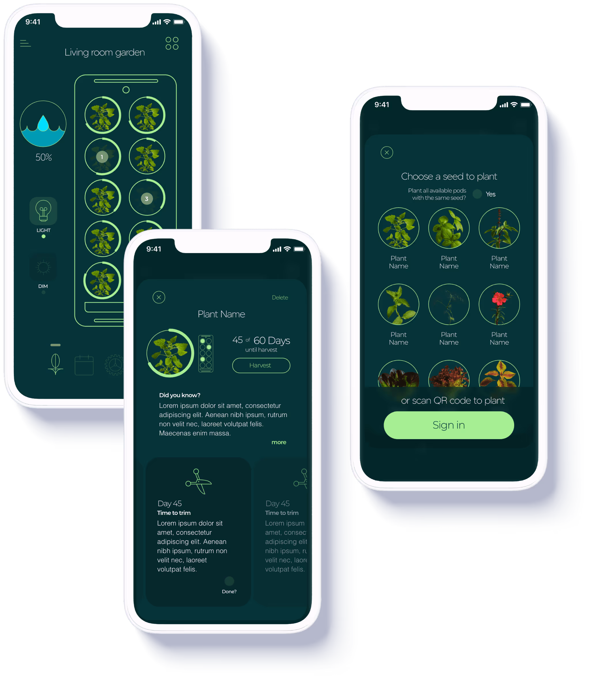 Three overlapping phone frames with edn app designs inside