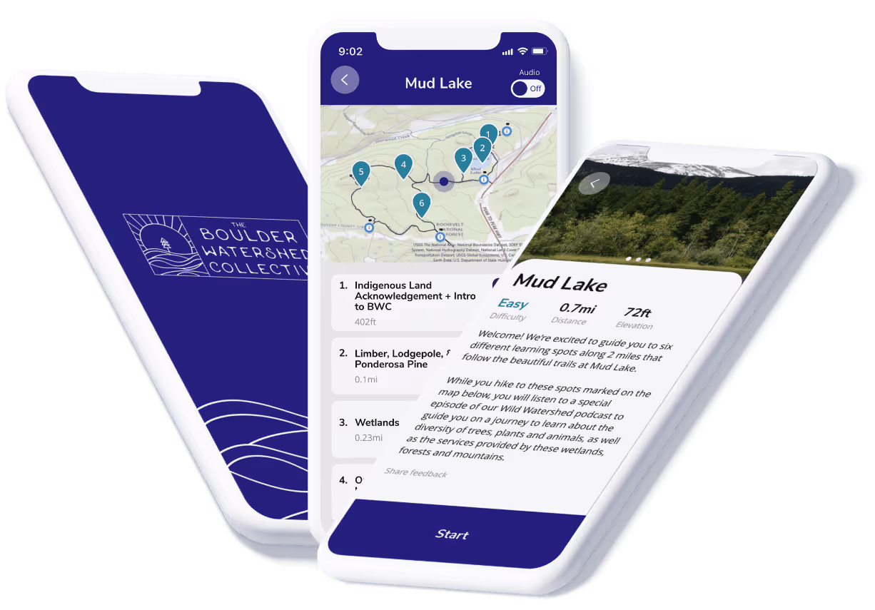 Three overlapping phone frames with Boulder Watershed Collective app designs inside