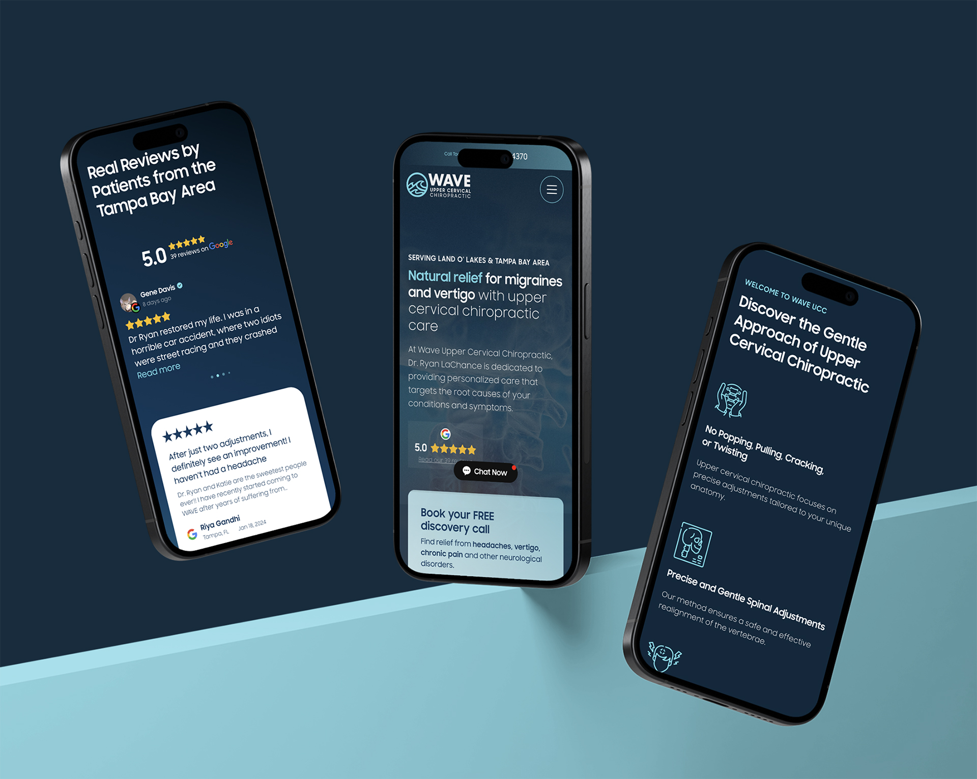 Wave Upper Cervical Chiropractic website homepage with calming design for Land O' Lakes Florida upper cervical care practice