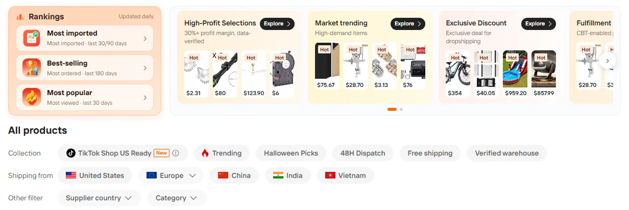 Alibaba dropshipping section with product rankings and filters for shipping from the United States, Europe, China, India and Vietnam