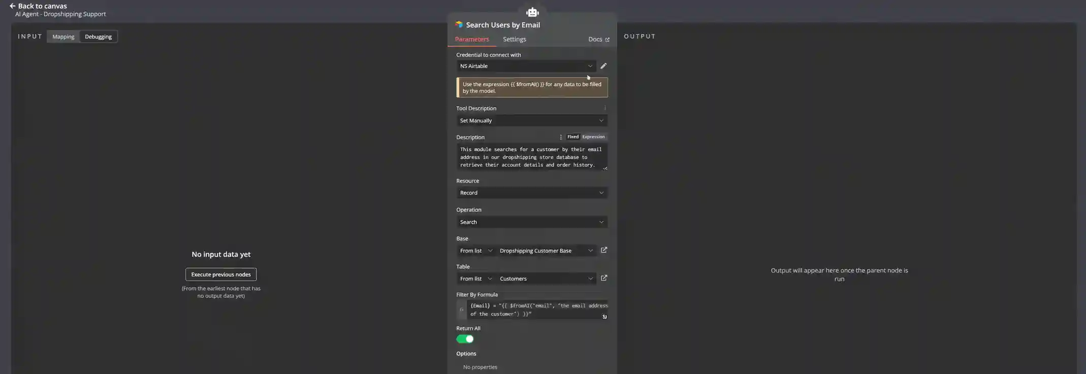 Airtable search tool setup in n8n for dropshipping customer support, filtering customer records by email in the Dropshipping Customer Base.