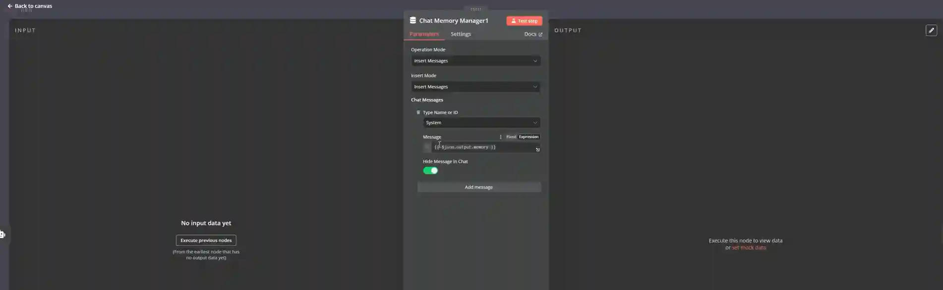 Chat memory manager settings in n8n for a dropshipping support AI agent, inserting hidden system memory messages into the automation workflow. Select 72 more words to run Humanizer.