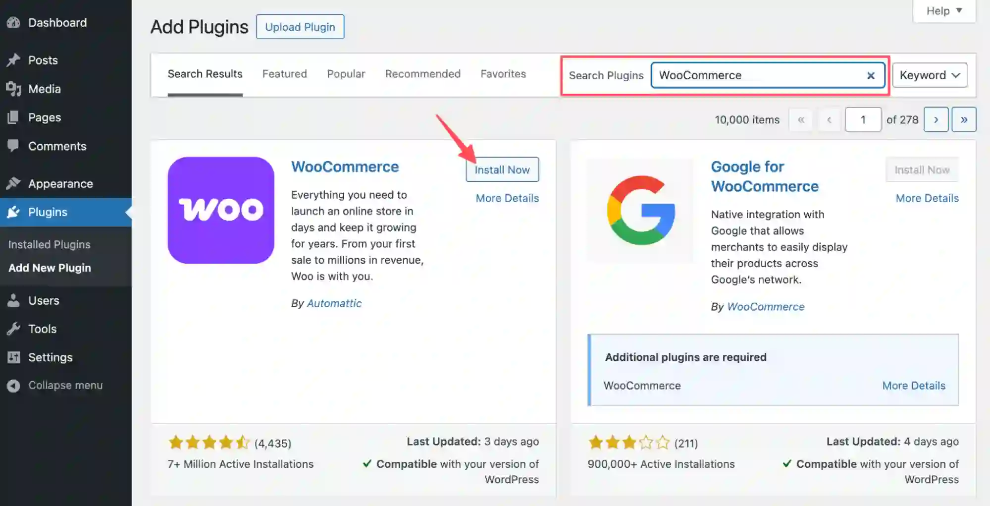 Installa e attiva WooCommerce