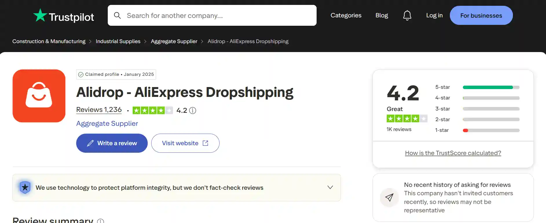 AliDrop Trustpilot
