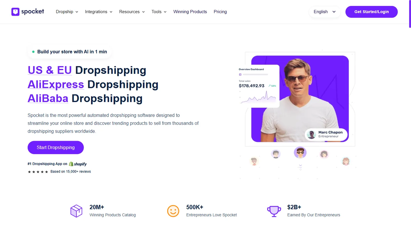 Página inicial da Spocket para fornecedores de dropshipping dos EUA e da UE na Shopify
