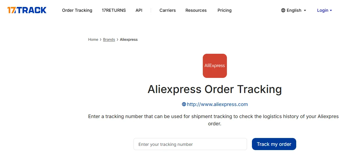 AliExpress-Tracking-Seite von 17TRACK mit Suchfeld für die Sendungsnummer