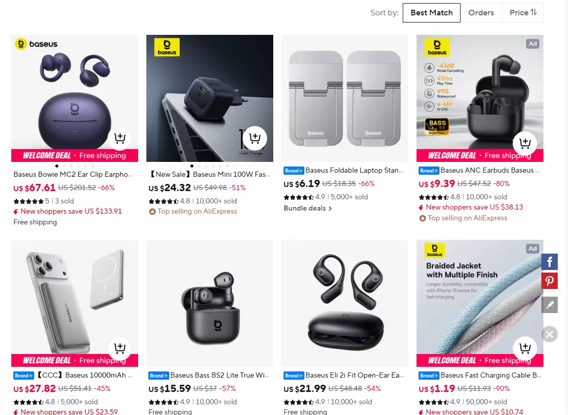 AliExpress search for Baseus official store showing listings with the blue Brand+ label