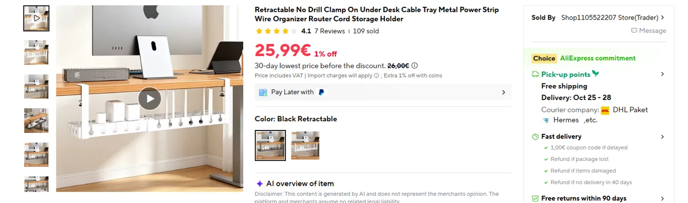 Anúncio do AliExpress para endereço na UE mostrando Price includes VAT e Import charges will apply, o selo de taxas de importação do AliExpress