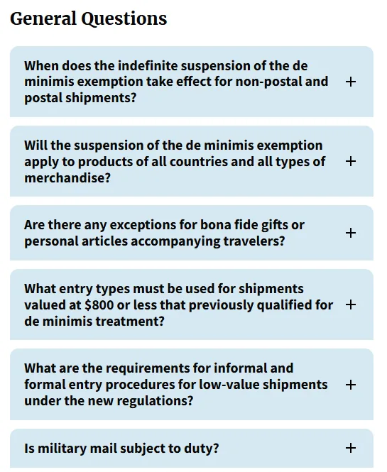 Perguntas frequentes de e-commerce do CBP sobre a suspensão por tempo indeterminado da isenção de minimis, que define os impostos do AliExpress nos EUA