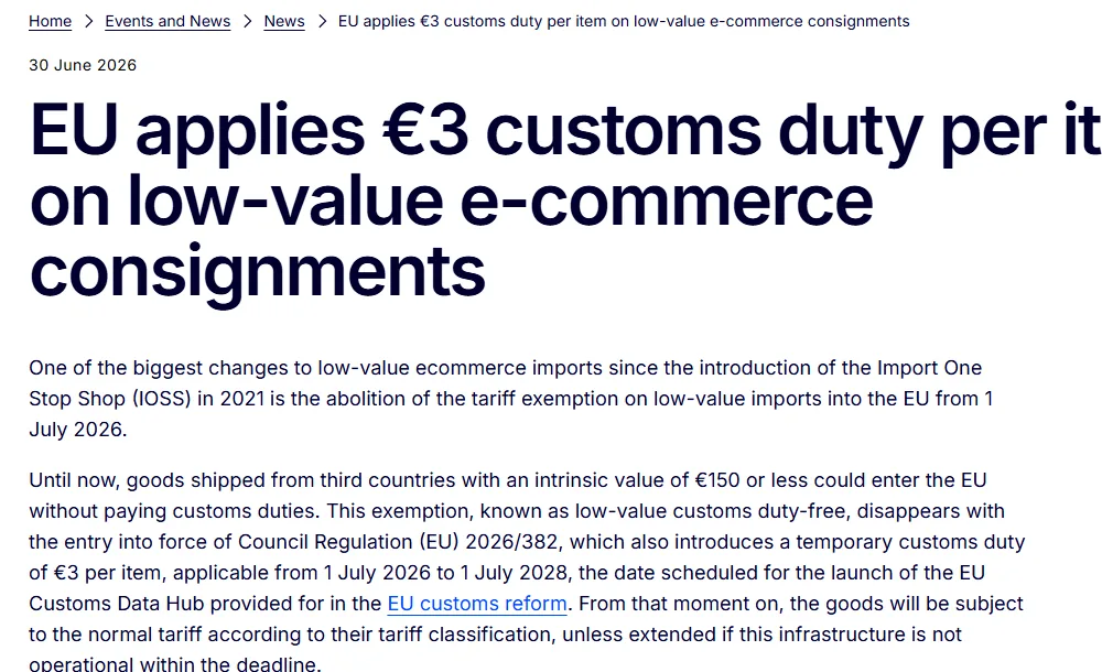 Comunicado da Comissão Europeia: a UE aplica imposto aduaneiro de €3 por item em remessas de e-commerce de baixo valor a partir de 1º de julho de 2026, relevante para o IVA em pedidos do AliExpress na UE