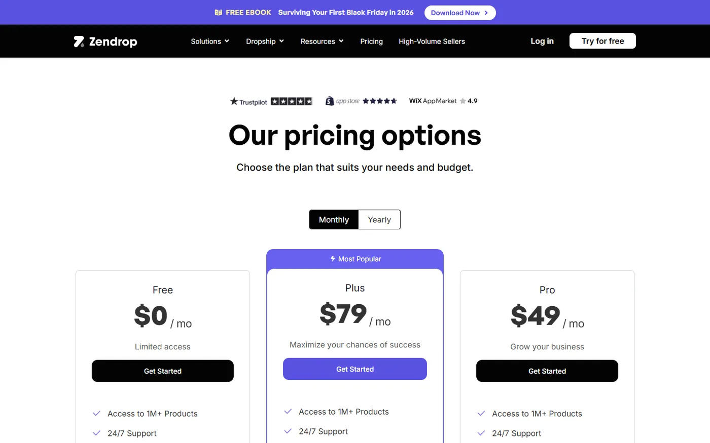 Zendrop pricing page showing Free, Plus $79 per month and Pro $49 per month plans for dropshipping fulfillment