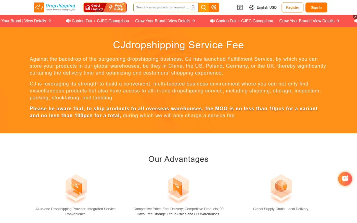 CJdropshipping service fee page explaining warehouse fulfillment and the 10 pieces per variant minimum for overseas warehouses