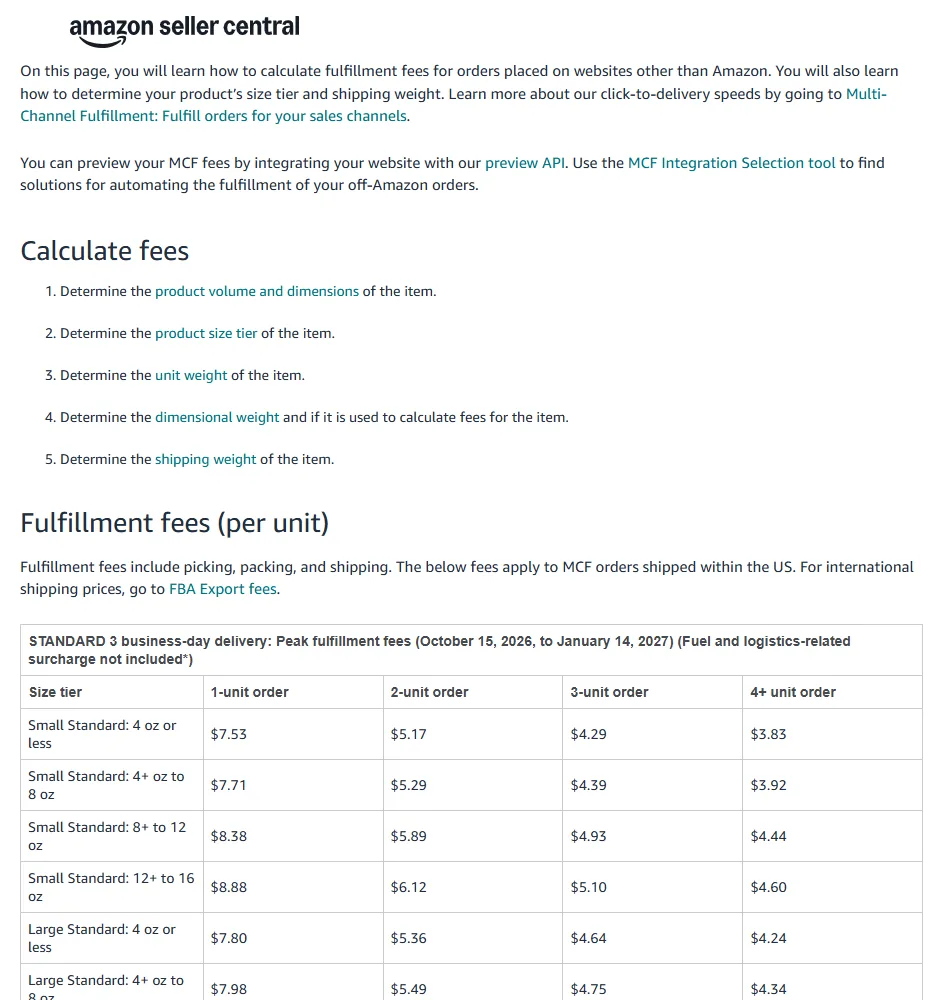 Amazon Multi-Channel Fulfillment fee table showing 2026 peak per-unit fees for 1-unit to 4-plus-unit orders