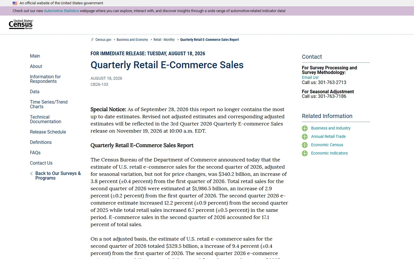 US Census Bureau quarterly retail ecommerce sales report showing Q2 2026 ecommerce statistics