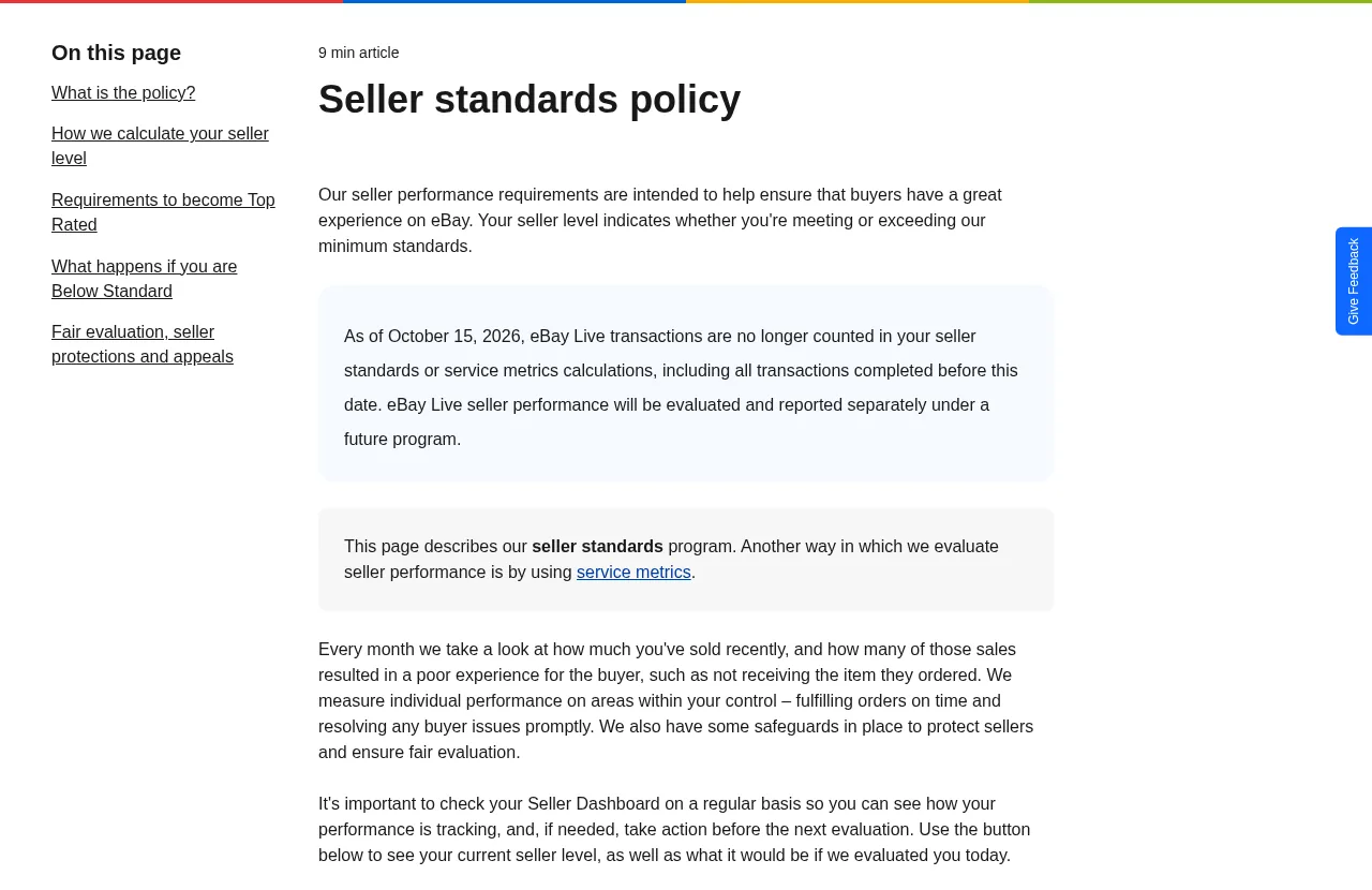 eBay seller standards policy page with the October 2026 note on eBay Live transactions