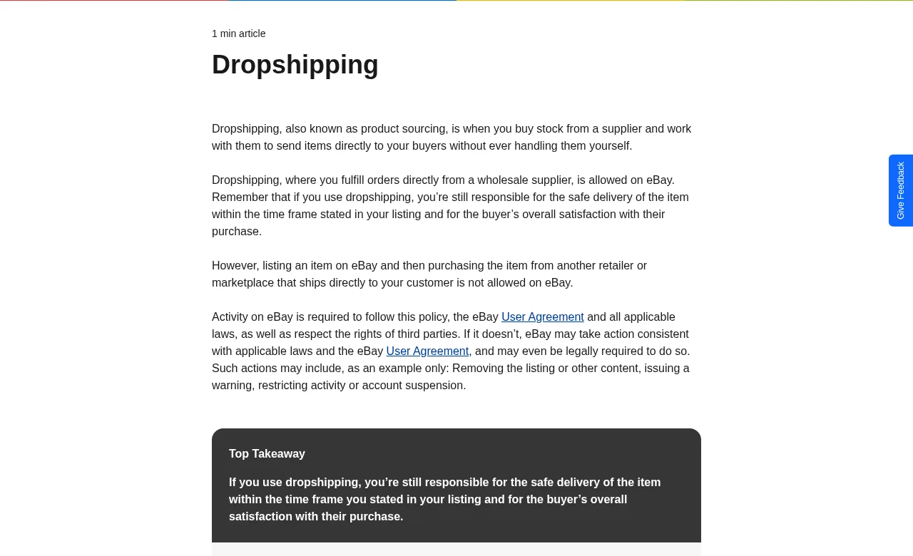 eBay dropshipping policy page stating wholesale supplier dropshipping is allowed and retail arbitrage is not